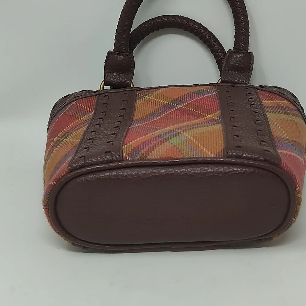 Leather and Fabric Plaid Bucket Bag - Picture 3 of 8